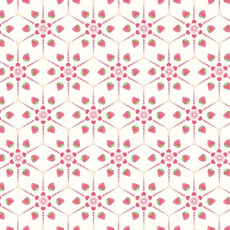 A radial geometric pattern of pink strawberries, hearts, and dots on a cream fabric background