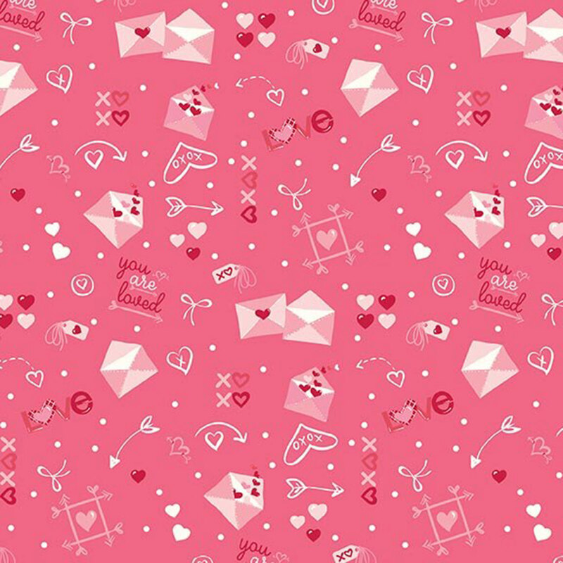Hot pink fabric with an all-over pattern of bubblegum pink love letters, white doodles, and loving phrases