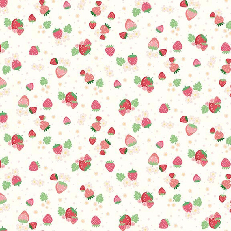 Cream fabric with a tossed pattern of light and dark pink strawberries, pastel pink daisies, and dots