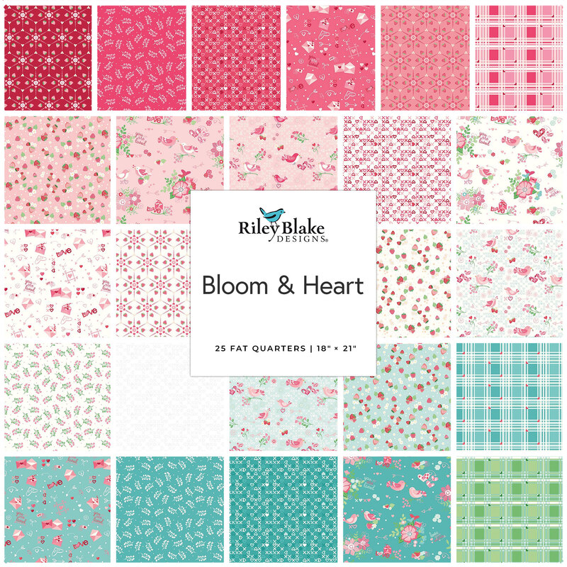 A collage of fabrics from the collection in pink, cream, turquoise, and green featuring Valentine's day motifs such as love letters, hearts, and lovebirds.