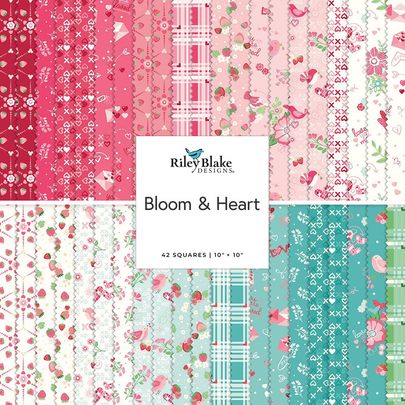 A collage of fabrics from the collection in pink, cream, turquoise, and green featuring Valentine's day motifs such as love letters, hearts, and lovebirds.