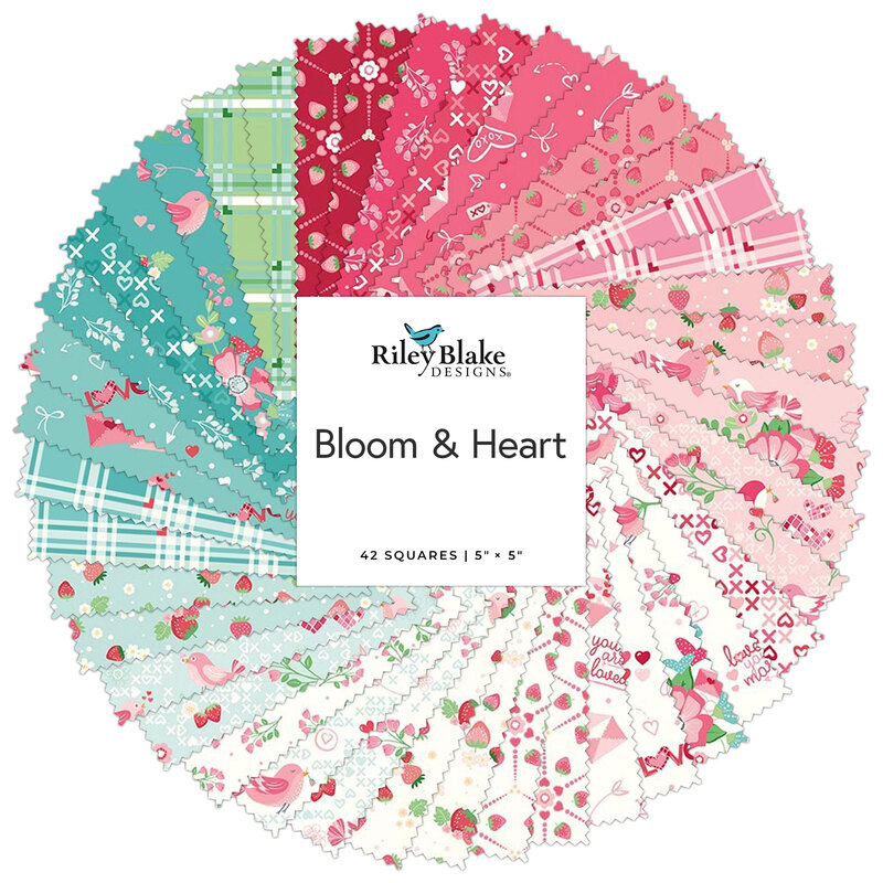 A circular collage of fabrics from the collection in pink, cream, turquoise, and green featuring Valentine's day motifs such as love letters, hearts, and lovebirds.