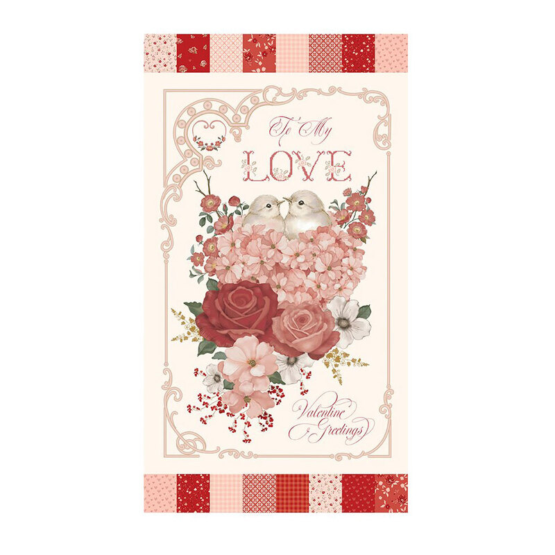 Cream panel fabric featuring a Valentine themed graphic of birds, florals, and text surrounded by intricate framing with colorblock edges.