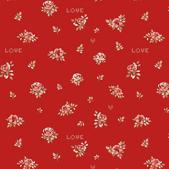 Ruby red fabric featuring a pattern of tossed florals and sprigs with cross-hatched hearts and the word "love".