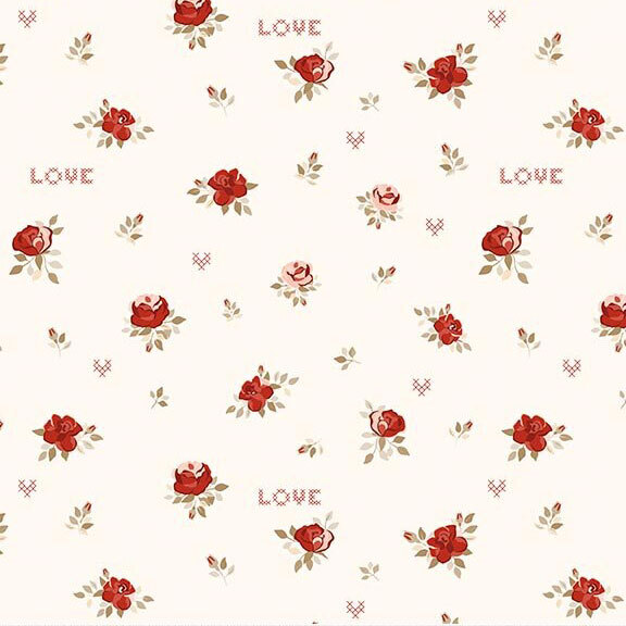 Ivory fabric featuring a pattern of tossed roses and sprigs with cross-hatched hearts and the word "love".