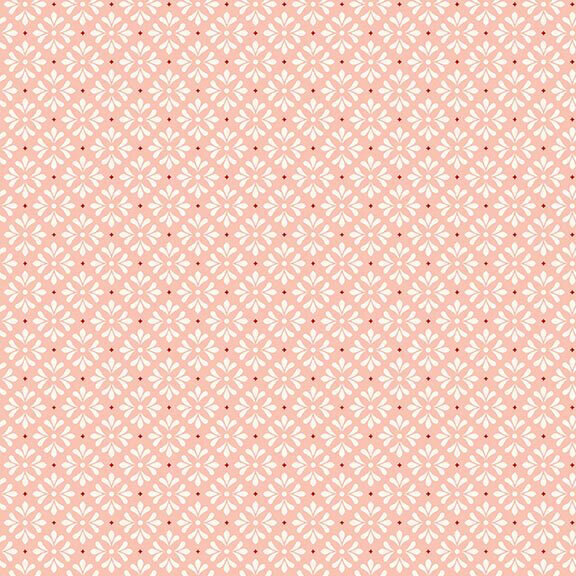 Blush fabric featuring a repeating pattern of white floral motifs and red dots.
