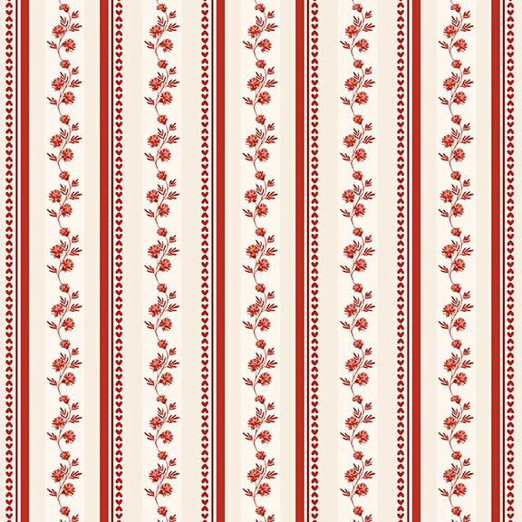 Ivory fabric with a repeating pattern of stripes, hearts, and flowers in hues of red and beige.