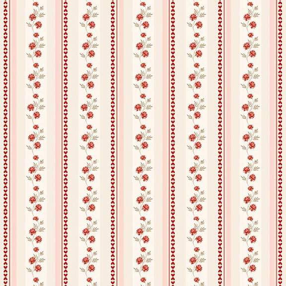 Ivory fabric with a repeating pattern of stripes, hearts, and flowers in hues of light pink, red and beige.