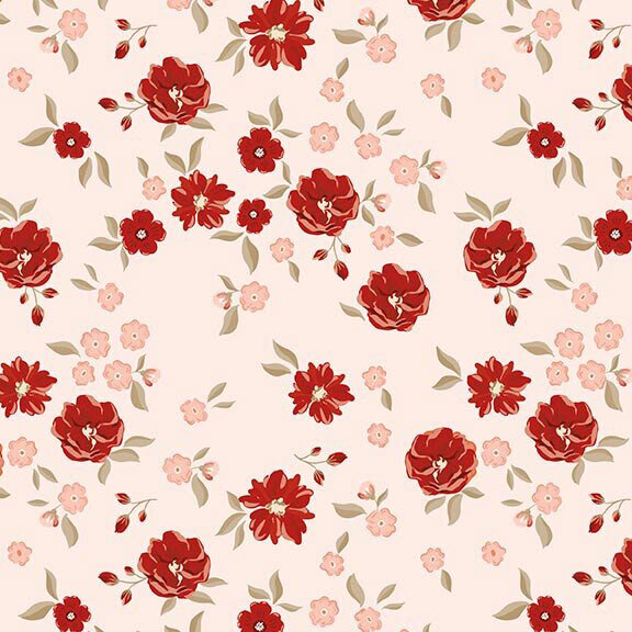 Pale pink fabric featuring a tossed floral print in hues of dark red, pale pink, and sage.