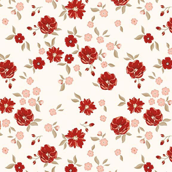 Ivory fabric featuring a tossed floral print in hues of dark red, pale pink, and sage.