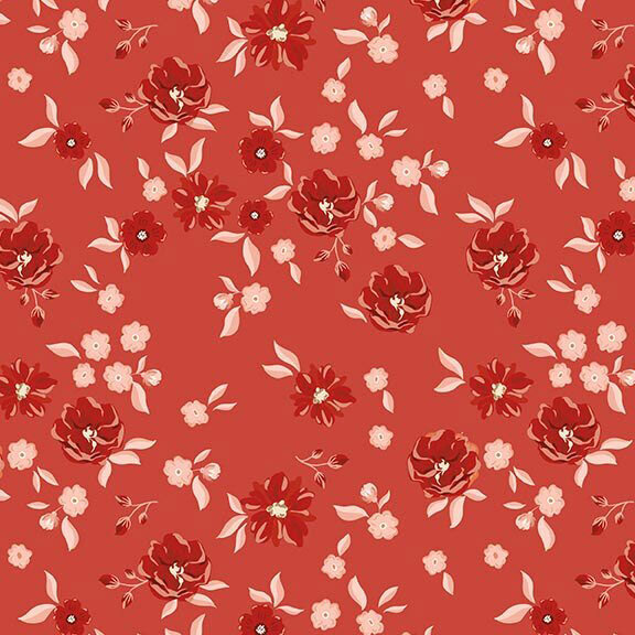Dark coral fabric featuring a tossed floral print in hues of dark red, pale pink, and cream.