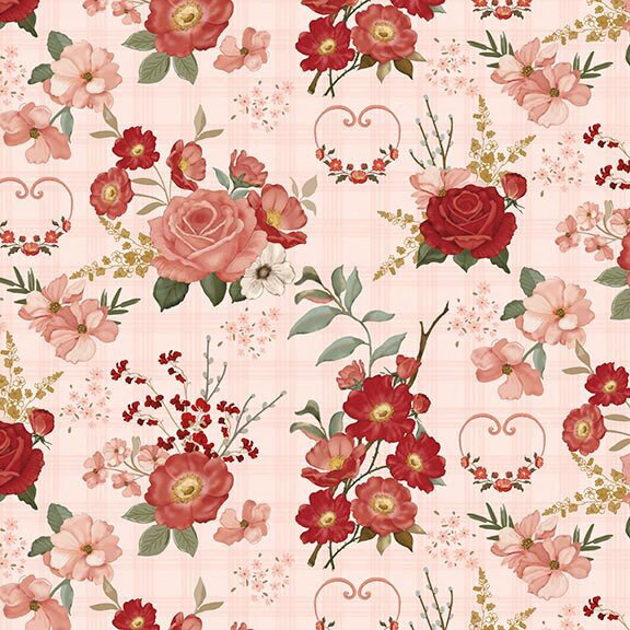Ballerina pink fabric with a shadowed grid overlay featuring a print of pink and red florals with heart shaped motifs.