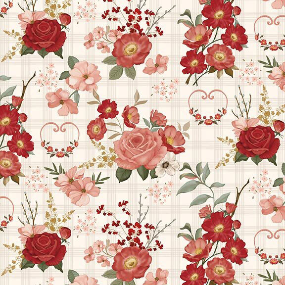 A light cream fabric with a shadowed grid overlay featuring a print of pink and red florals with heart shaped motifs.