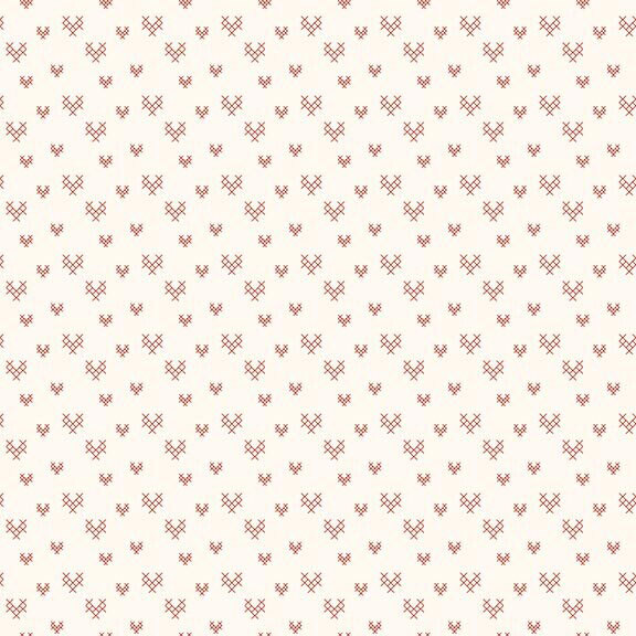 Ivory fabric featuring a repeating pattern of red cross-hatched hearts.