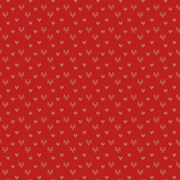 Ruby red fabric featuring a repeating pattern of ivory cross-hatched hearts.