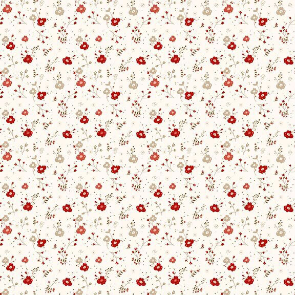 Ivory fabric with a scattered pattern of florals and sprigs with a dotted background.