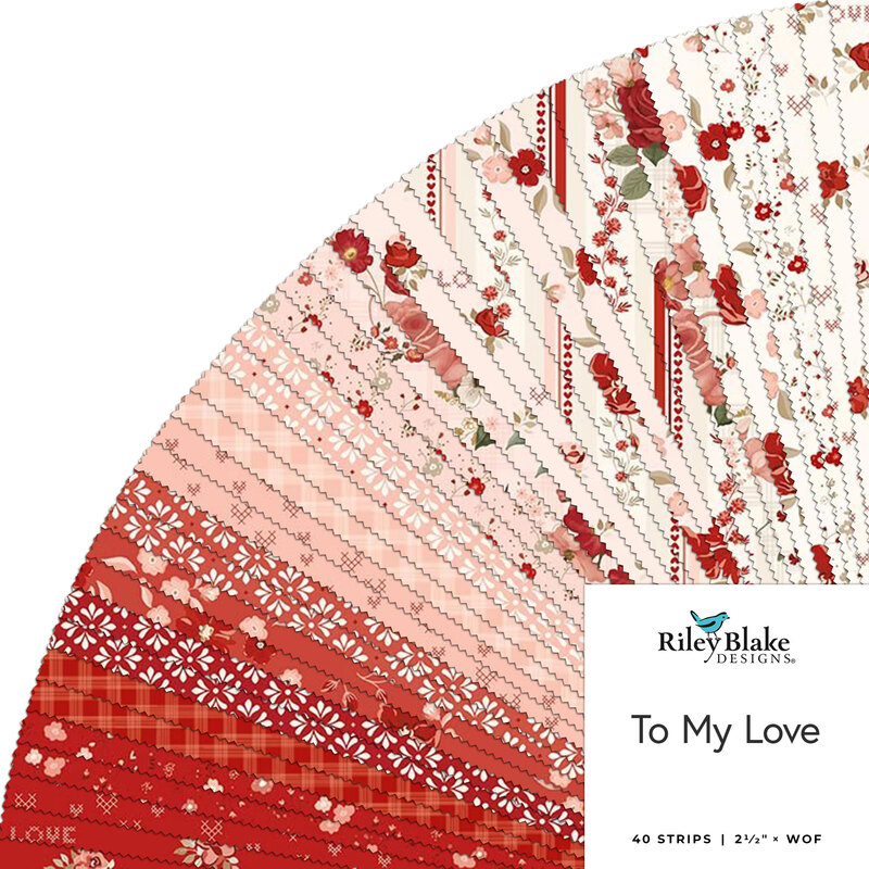 Fanned collage image of the To My Love collection featuring floral & heart themed prints in hues of red, pink, and white.