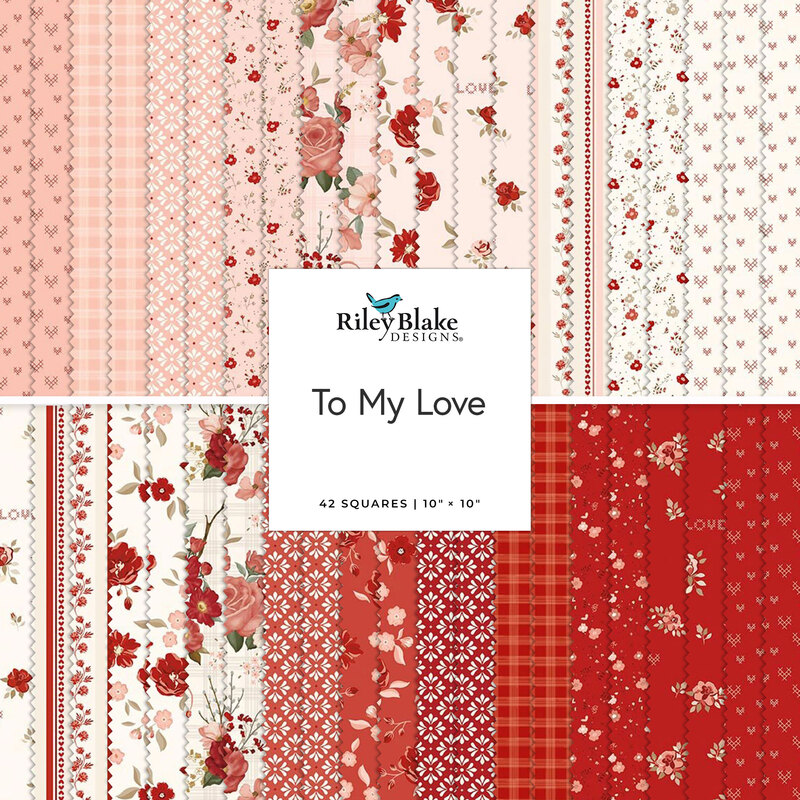 A square collage of the To My Love collection featuring floral & heart themed prints in hues of red, pink, and white.