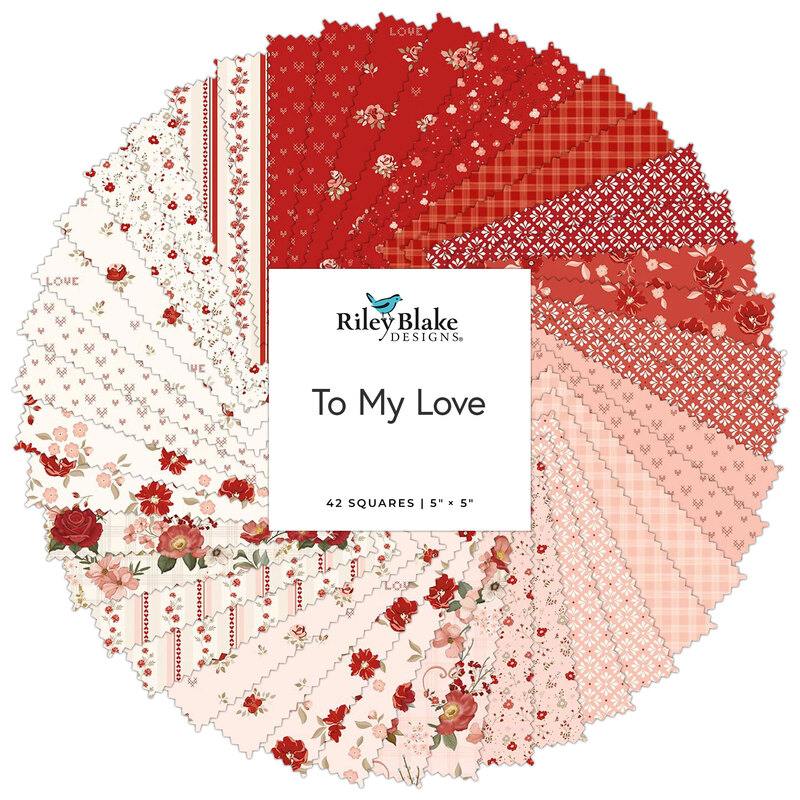 A circular collage of the To My Love collection featuring floral & heart themed prints in hues of red, pink, and white.