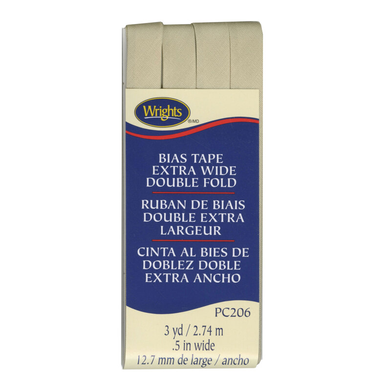 Khaki bias tape in packaging labeled Bias Tape Extra Wide Double Fold.