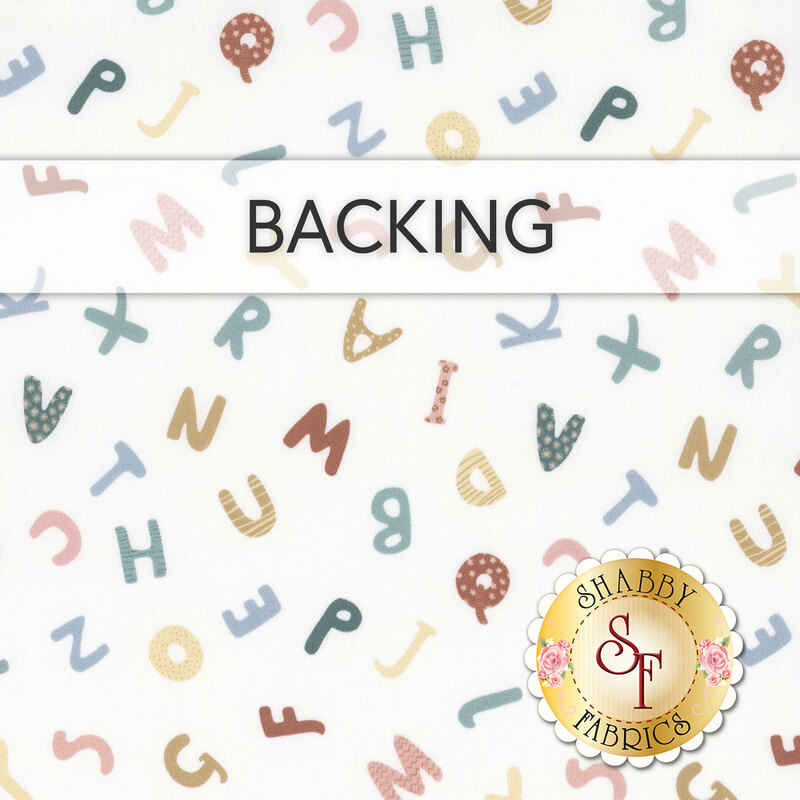 A white fabric with tossed letters of the alphabet in rainbow colors and fun prints. A transparent banner at the top reads "Backing", and a golden Shabby Fabrics logo rests in the bottom right corner. 