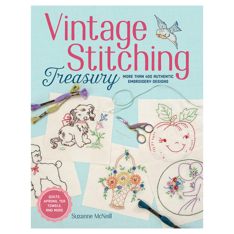 Cover of Vintage Stitching Treasury featuring embroidery designs and colorful threads on a light blue background.