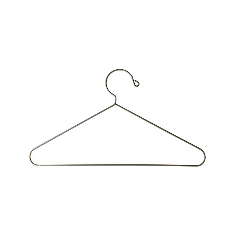 A simple wire coat hanger with a hook at the top for hanging garments.