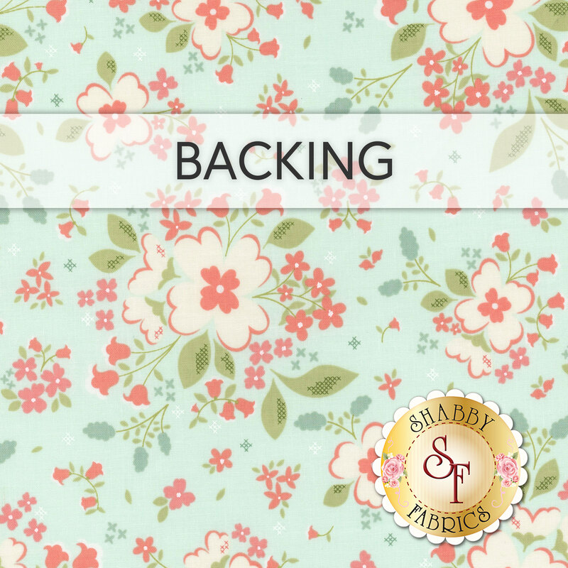 Aqua fabric with large cream and pink florals. A banner at the top reads "Backing" and a golden Shabby Fabrics logo sits in the lower right corner.