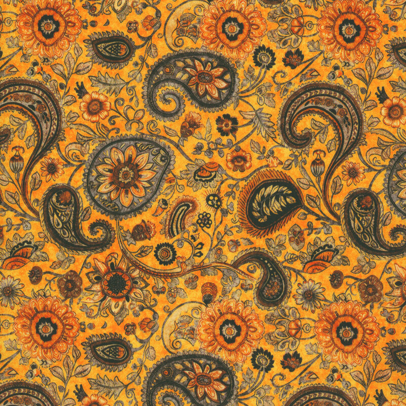 Mottled gold fabric featuring a stylized paisley sunflower pattern in gray, gold, brown, and black hues.