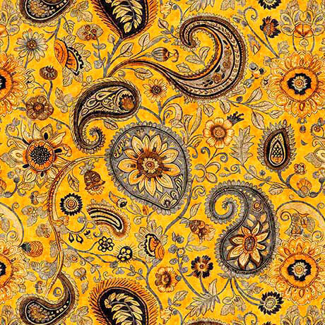 Mottled gold fabric featuring a stylized paisley sunflower pattern in gray, gold, brown, and black hues.