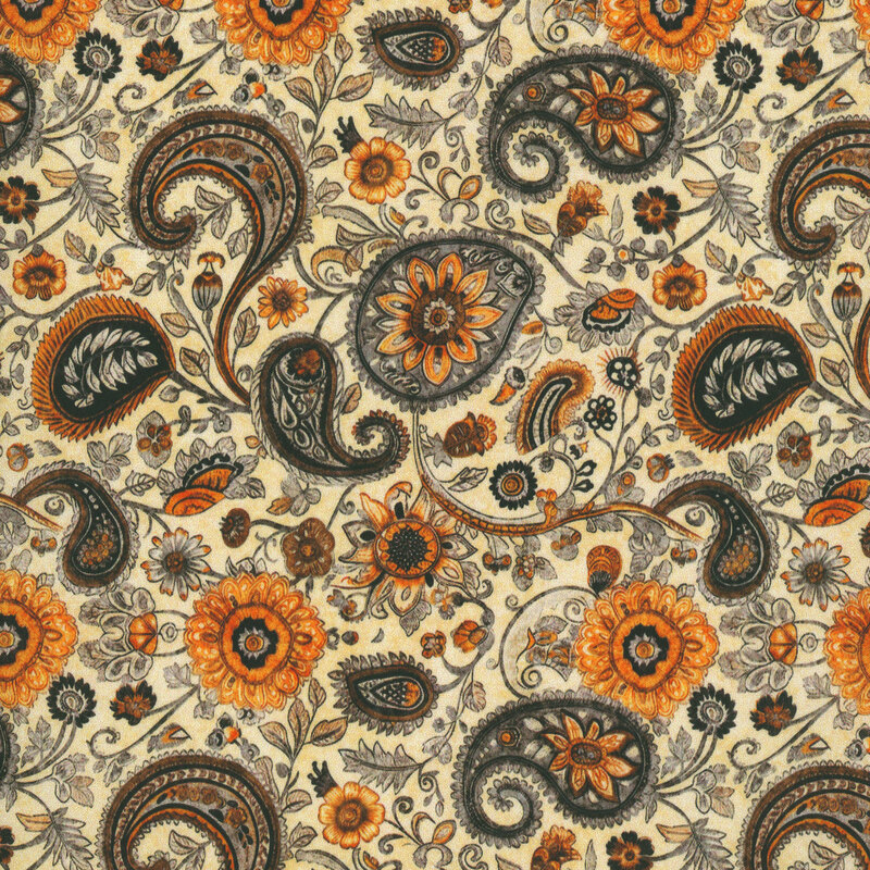 Mottled cream fabric featuring a stylized paisley sunflower pattern in gray, gold, brown, and black hues.