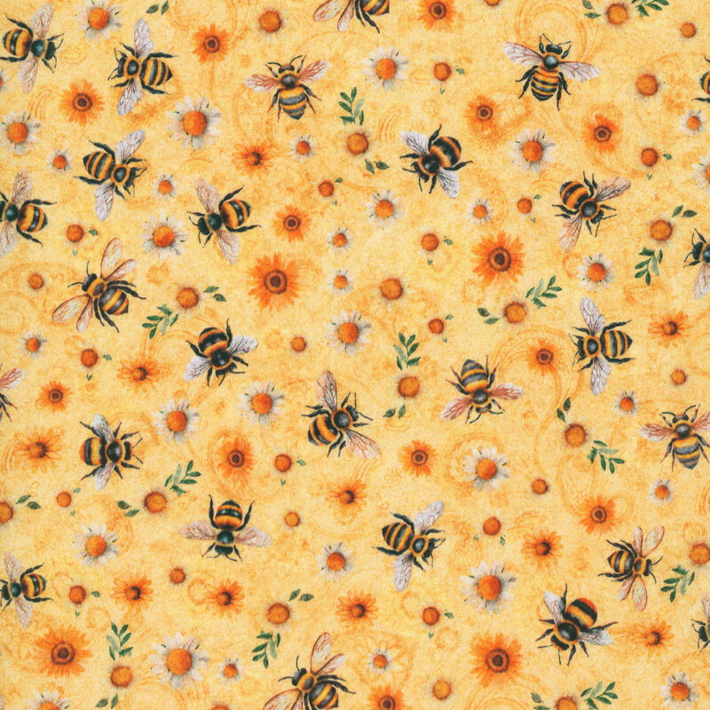 Mottled ocher colored fabric featuring a tossed bee pattern over a background of daisies and sunflowers.