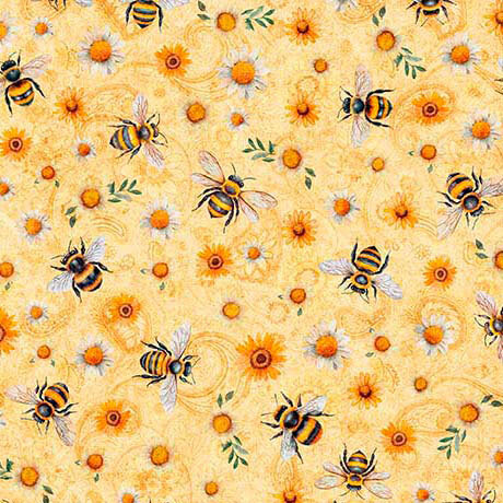 Mottled ocher colored fabric featuring a tossed bee pattern over a background of daisies and sunflowers.