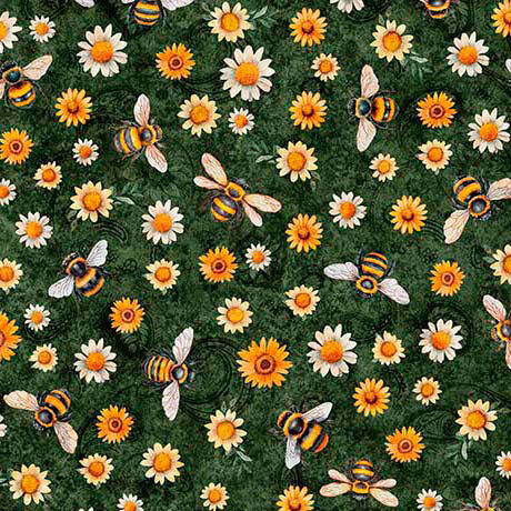 Mottled hunter green fabric featuring a tossed bee pattern over a background of daisies and sunflowers.