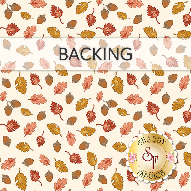 A cream swatch of fabric with tossed leaves in orange, peach, and brown; a transparent banner at the top reads "Backing."