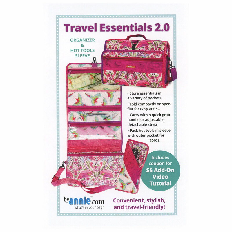 The front of the Travel Essentials 2.0 pattern showing the finished travel bag and hot tools sleeve.