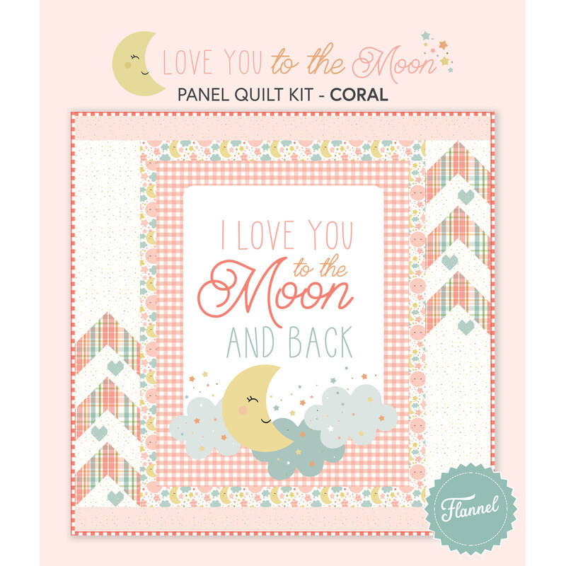 A digital mockup of the completed Love You to the Moon Coral Panel Quilt, a patchwork project with a panel, chevrons, and hearts with a night sky motif, set against a peach background with a text graphic.