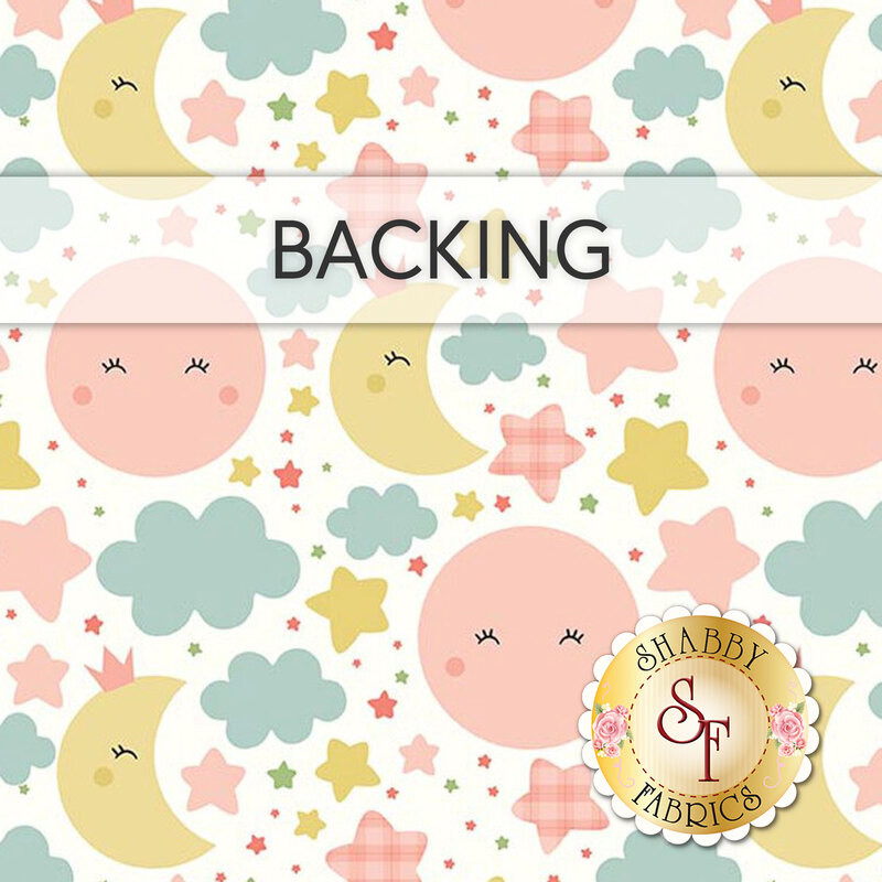 White swatch of fabric with a pattern of yellow crescent moons, pink full moons, and teal blue clouds as well as multicolored stars. A transparent banner at the top reads "Backing."