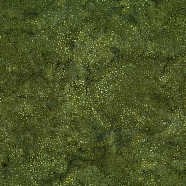 A mottled dark sage green batik fabric with scattered tonal dots.