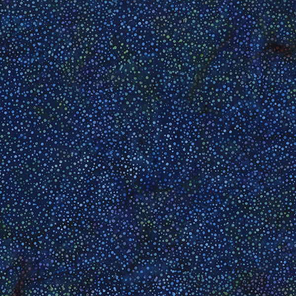  A mottled dark royal blue batik fabric with scattered light blue dots.