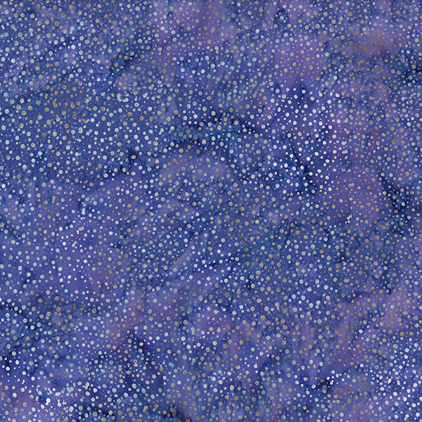 A mottled dark lavender batik fabric with scattered light purple dots.
