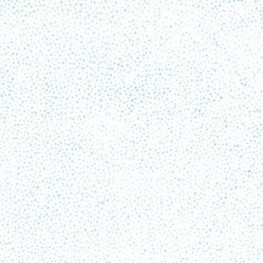 A mottled white batik fabric with scattered light blue dots.