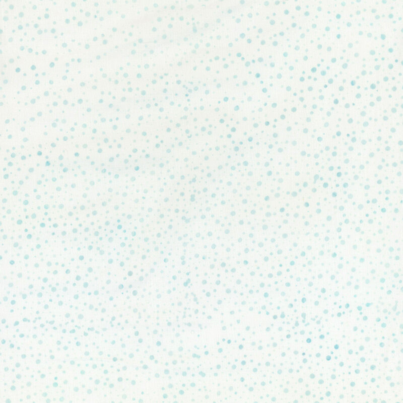 A mottled white batik fabric with scattered light blue dots.