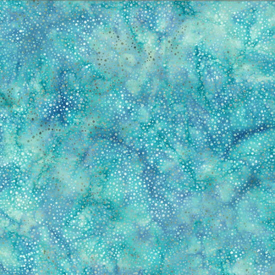 A mottled aquamarine and mermaid blue batik fabric with scattered light blue dots.