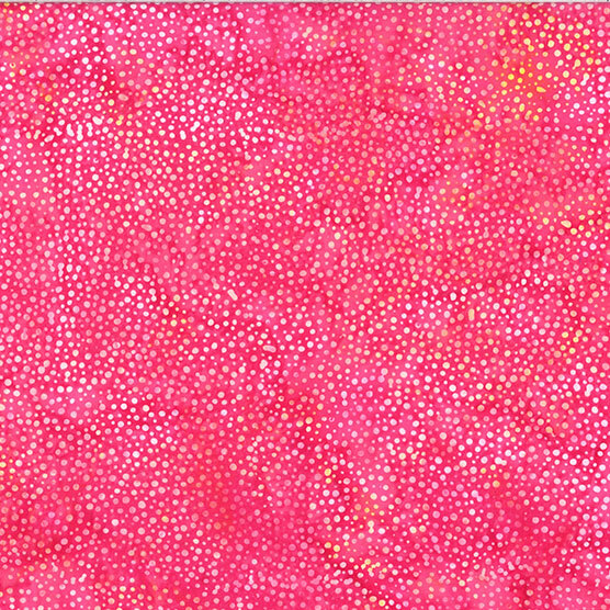 A mottled bright candy pink batik fabric with scattered light pink dots.