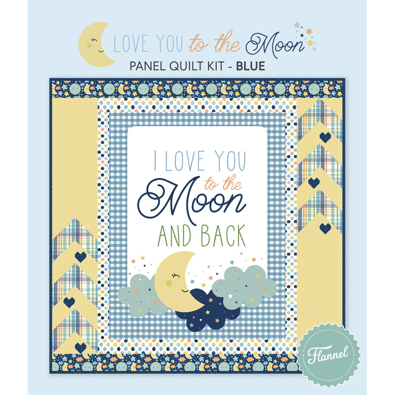 A digital mockup of the completed Love You to the Moon Blue Panel Quilt, a patchwork project with a panel, chevrons, and hearts with a night sky motif, set against a blue background with a text graphic.