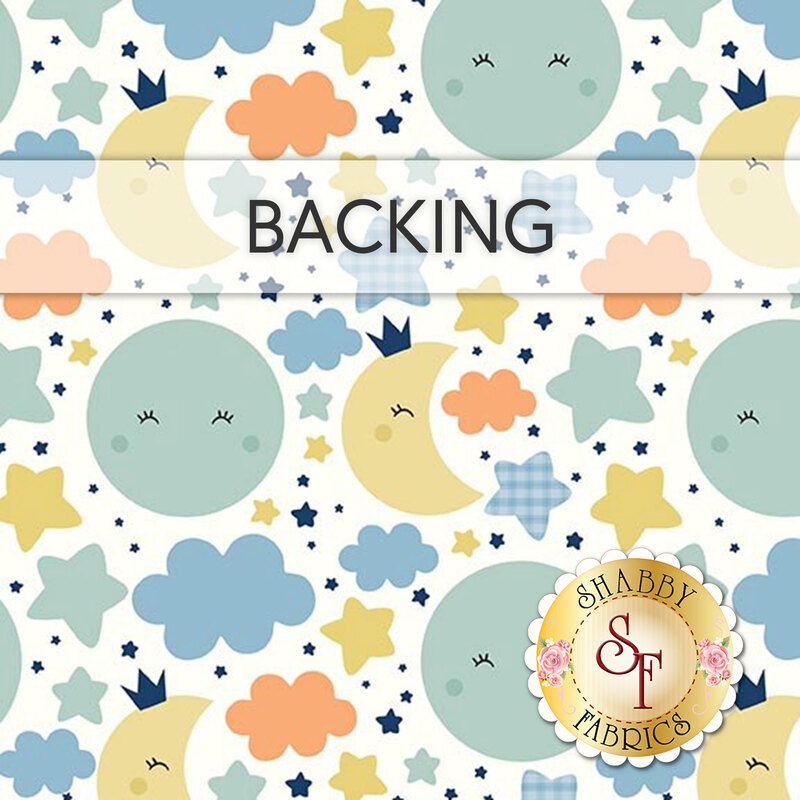 White swatch of fabric with a pattern of yellow crescent moons, teal blue full moons, and orange clouds as well as multicolored stars. A transparent banner at the top reads "Backing."