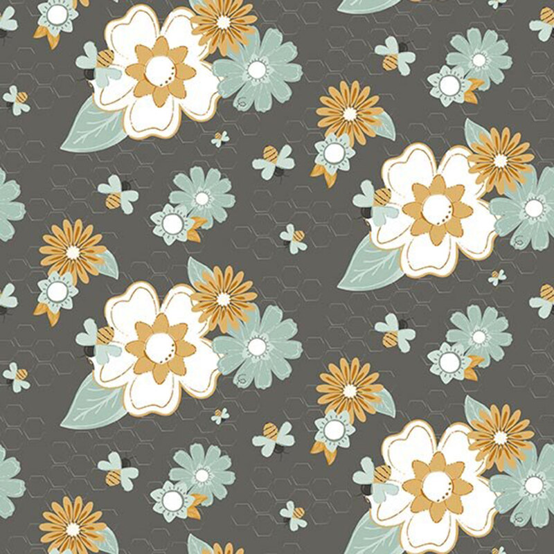 Dark gray fabric with a subtle honeycomb texture featuring large stylized florals in cream, teal, and goldenrod alongside buzzing honeybees