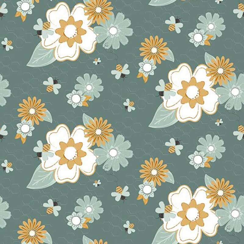 Teal fabric with a subtle honeycomb texture featuring large stylized florals in cream, light teal, and goldenrod alongside buzzing honeybees