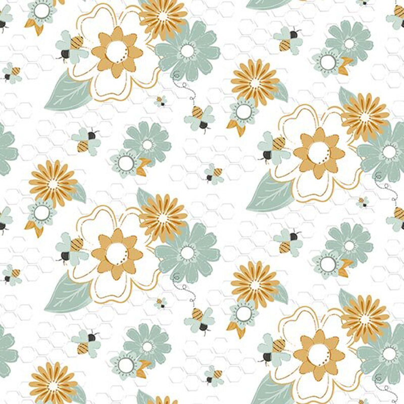 Cloud white fabric with a subtle honeycomb texture featuring large stylized florals in teal and goldenrod alongside buzzing honeybees